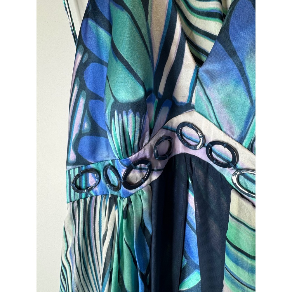 Y2K VTG Bethany Blue Teal Butterfly Print Halter Maxi Dress Ring Detail Size 10 - Picture 5 of 10